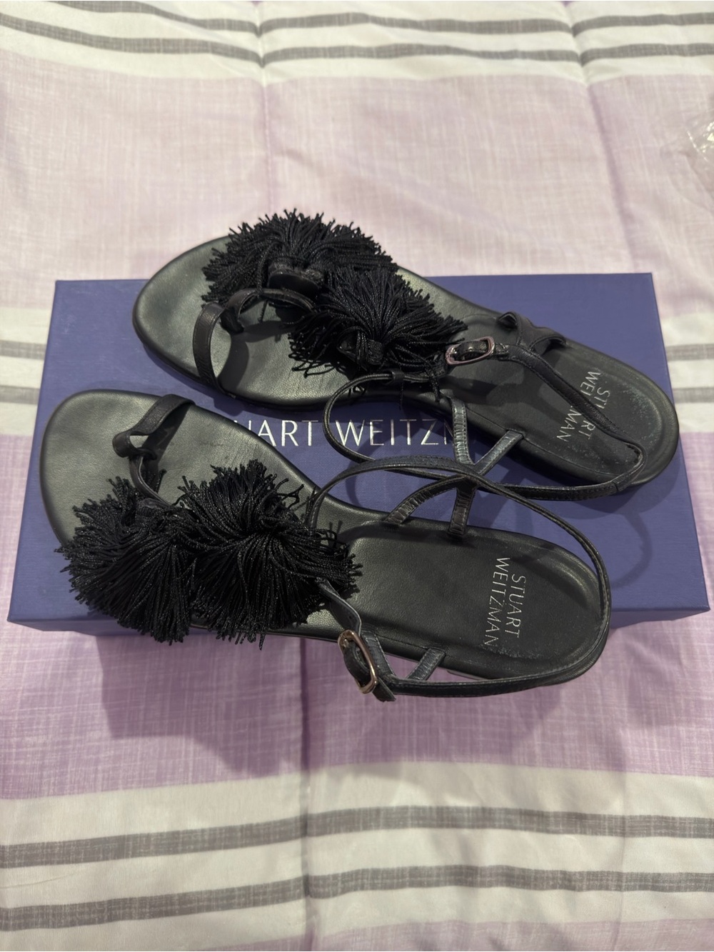 Stuart Weitzman Black Leather Tassel Strappy Sandals